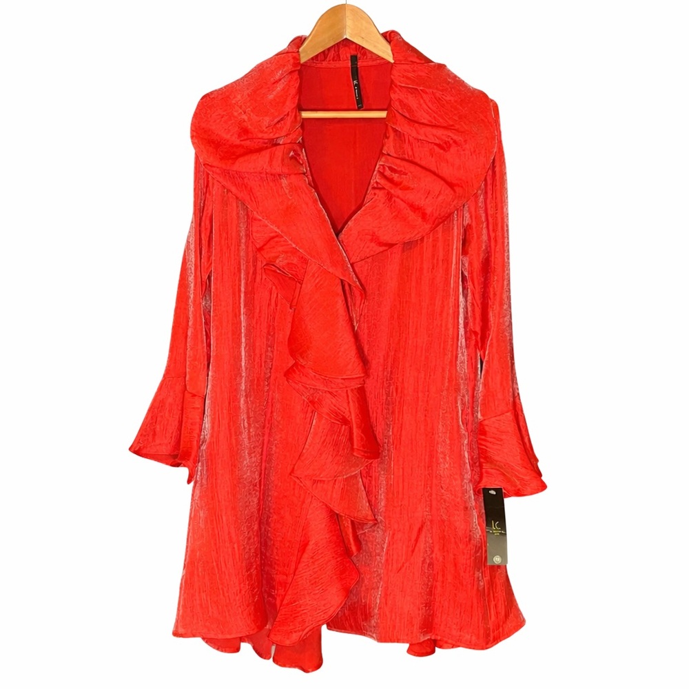 I.C. by Connie K Iridescent Holo Coral Red Ruffle Unlined Jacket NWT Medium USA